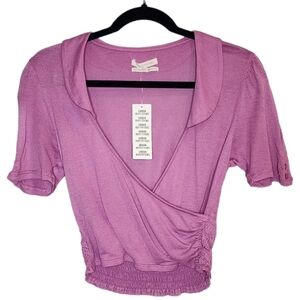 NWT Urban Outfitters Pink Purple Crop Stretch Surplice Short Sleeve Top Size M